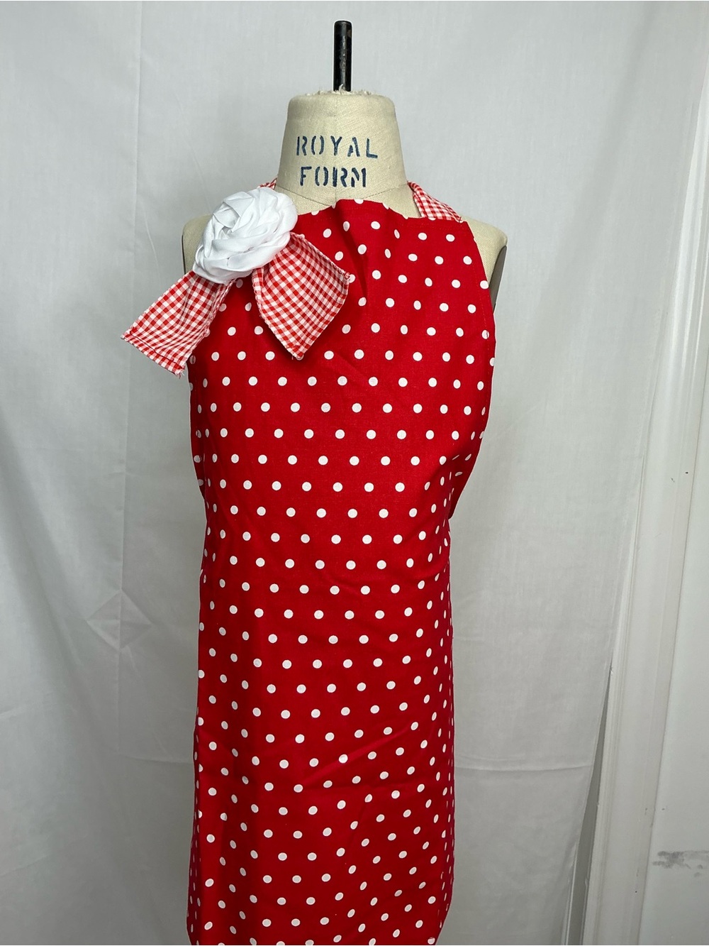 2093 - Polka Dot Red Kitchen Apron with Gingham Bow